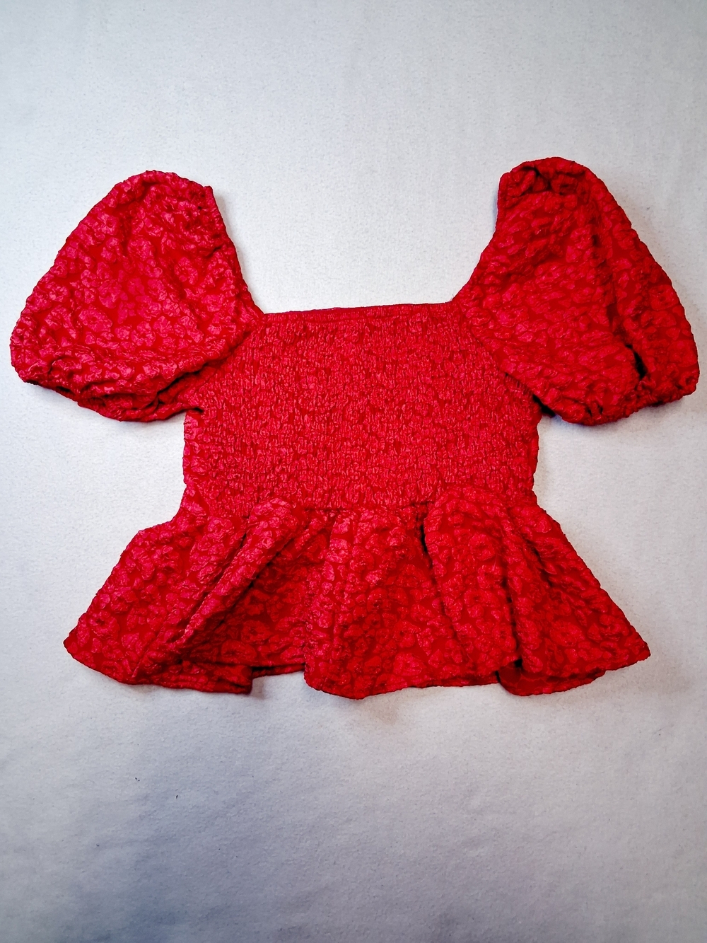 Red Puff-Sleeve Smocked Peplum Top - Women